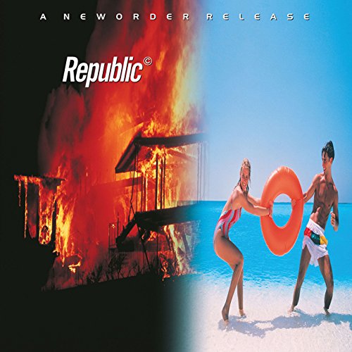 New Order’s “Republic” album cover: burning house, beach scene, and people.