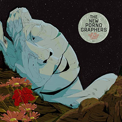 "Vinyl record cover featuring a kneeling figure surrounded by flowers under a starry night sky."