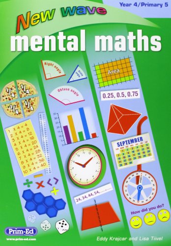 Front cover of New Wave Mental Maths Year 4 textbook featuring various math illustrations.