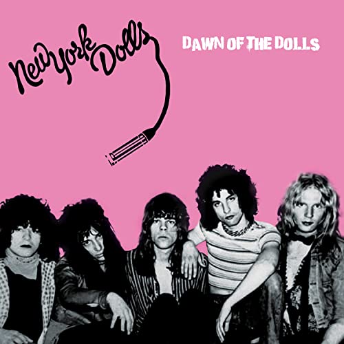 New York Dolls album cover with band photo and pink background.