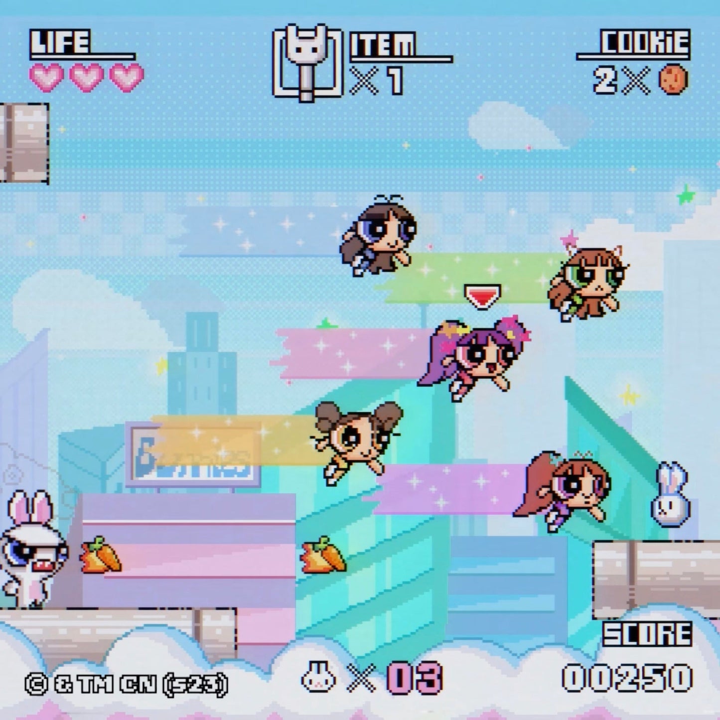 Pixel art of NewJeans members inspired by the Powerpuff Girls.