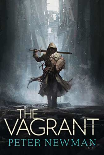 Hooded figure with sword stands in a misty, ruined cityscape.
