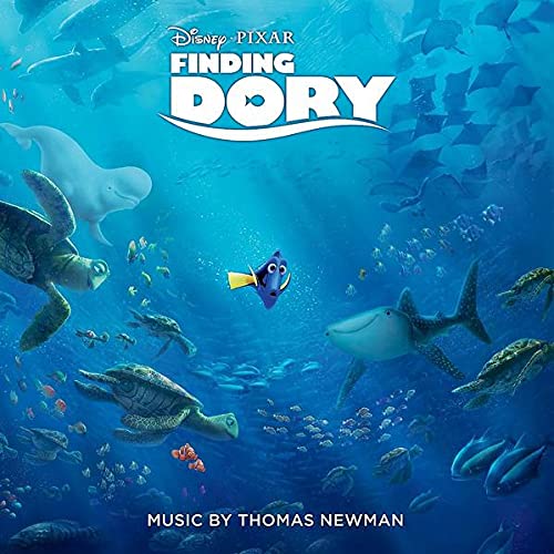 Finding Dory movie soundtrack cover art featuring Dory and sea creatures underwater.