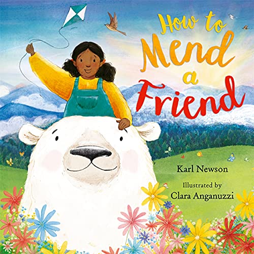 Book cover: girl on a polar bear with a kite, floral foreground.