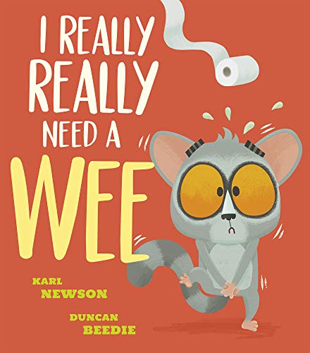 A lemur with large eyes looks distressed on a red book cover with toilet paper.