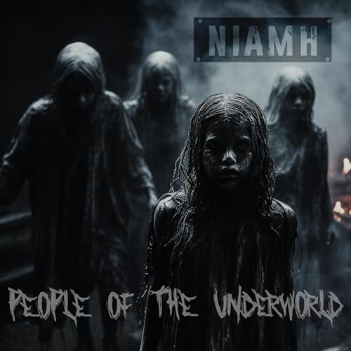 Four eerie, pale figures in dark clothing stand in a misty, shadowed environment.