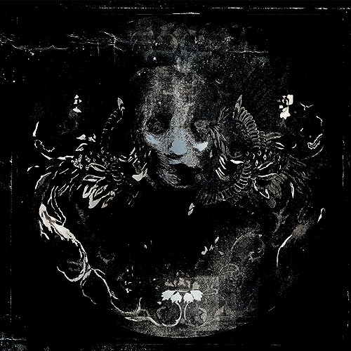 Grayscale illustration of a skull surrounded by ornate, dark, swirling patterns on black background.