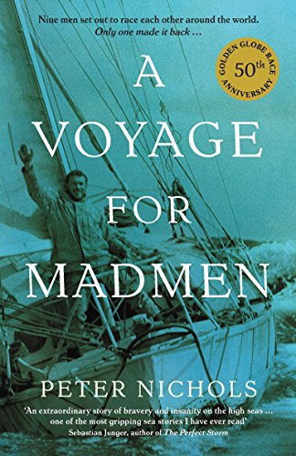Book cover: sailboat, lone sailor waving, turquoise sea, title "A Voyage For Madmen".