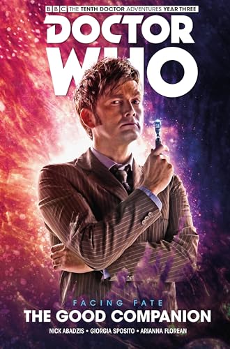 David Tennant as the Tenth Doctor holds a sonic screwdriver against a nebula.