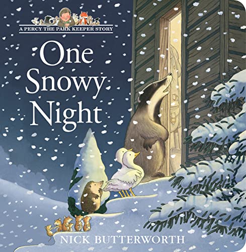 Children’s book cover: badger, duck, and hedgehogs in snowy winter scene.