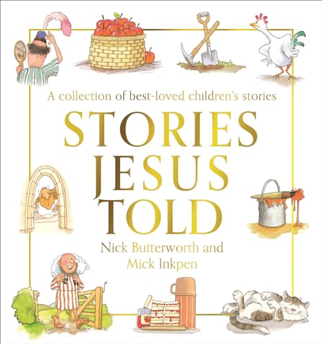 Book cover for Stories Jesus Told featuring illustrations of biblical scenes and characters.