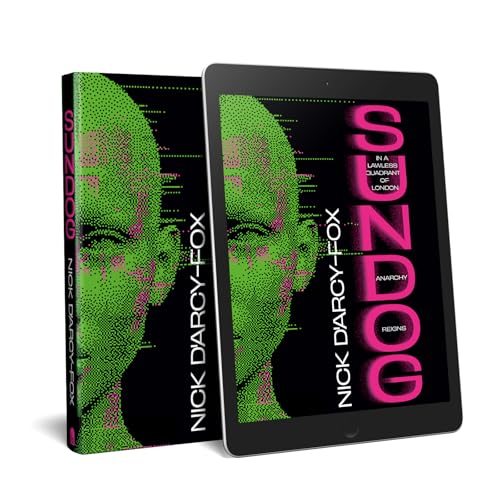 Book cover with a pixelated face and bold pink "SunDog" title.