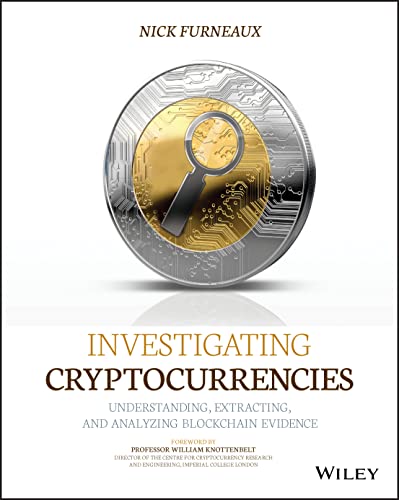 Book cover: "Investigating Cryptocurrencies" with a key and circuit board design.