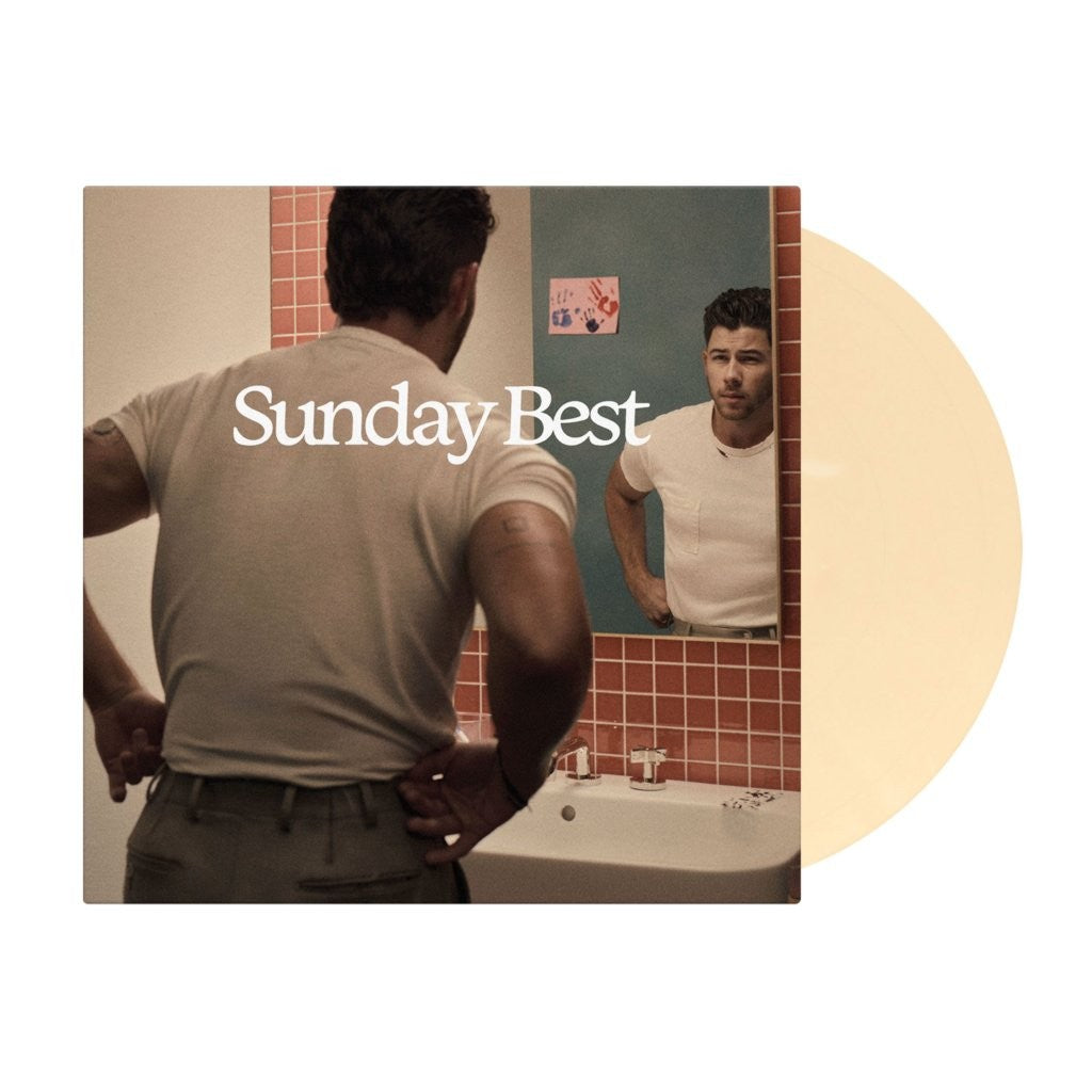 Nick Jonas album cover, "Sunday Best", with a mirror reflection and vinyl record.