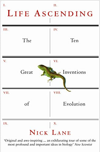 Book cover for Life Ascending by Nick Lane featuring a lizard on white background.