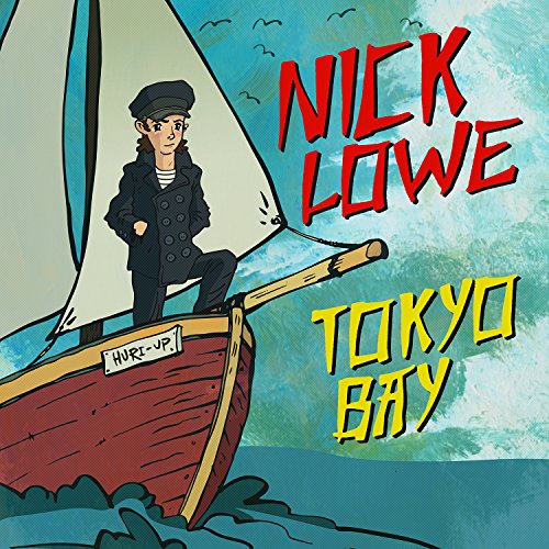 Nick Lowe album cover: illustrated man in a boat on blue water.