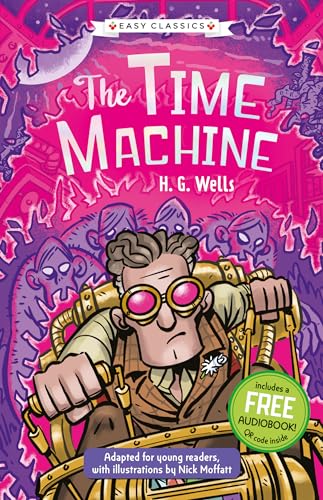 Book cover featuring a man in goggles riding a time machine against purple background.