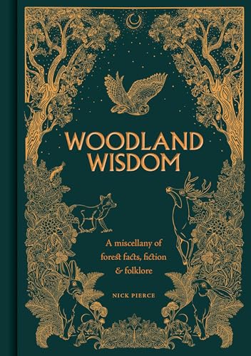 Book cover with gold line art of forest animals on a dark green background.