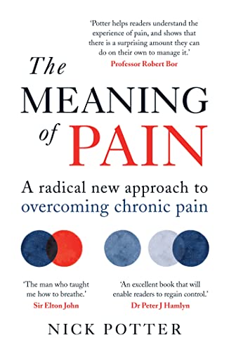 Book cover: "The Meaning of Pain" by Nick Potter, with red and blue circles.