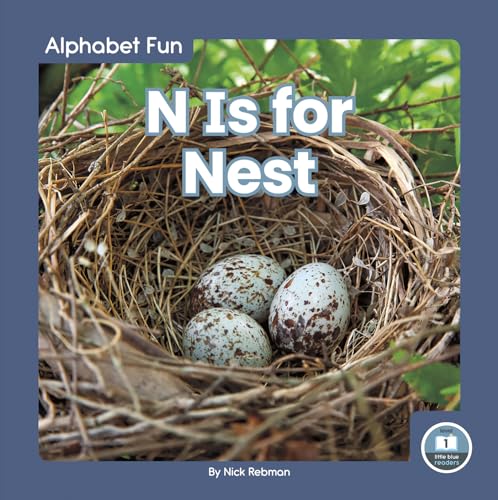 Bird’s nest with speckled eggs, book cover titled “N Is for Nest.”