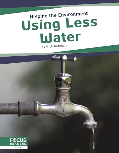 Book cover with a chrome faucet and dripping water, titled “Using Less Water.”