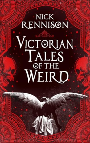 Book cover featuring a winged statue, two skulls, and red ornate patterns on black.