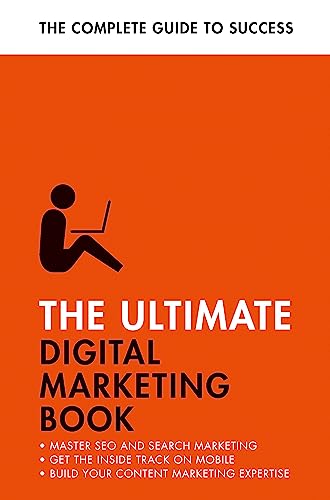 Book cover with orange background, person using a laptop, and white text title.