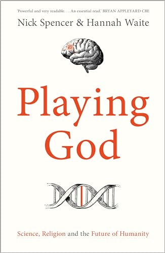 Book cover: "Playing God" with brain and DNA helix illustrations.