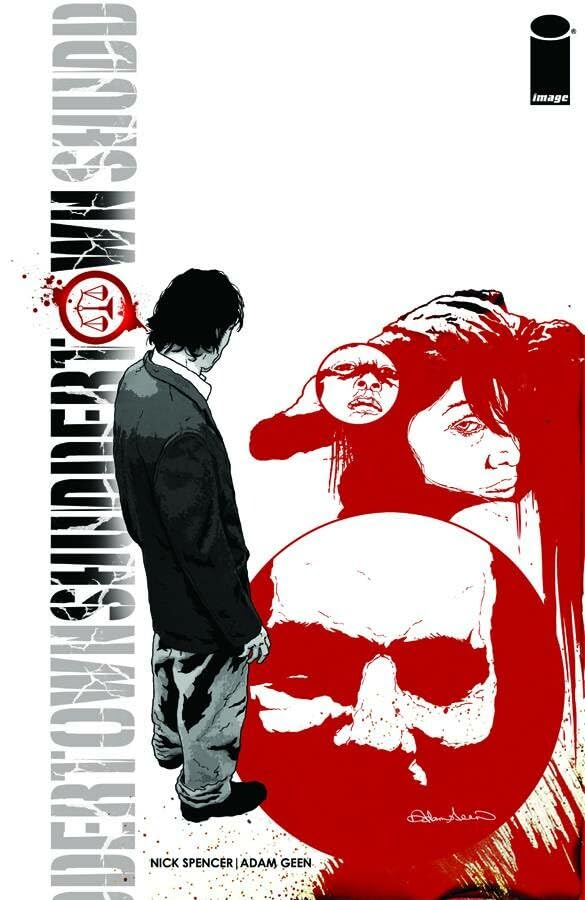 Comic book cover: man in suit, faces in red and white, stark black ink.