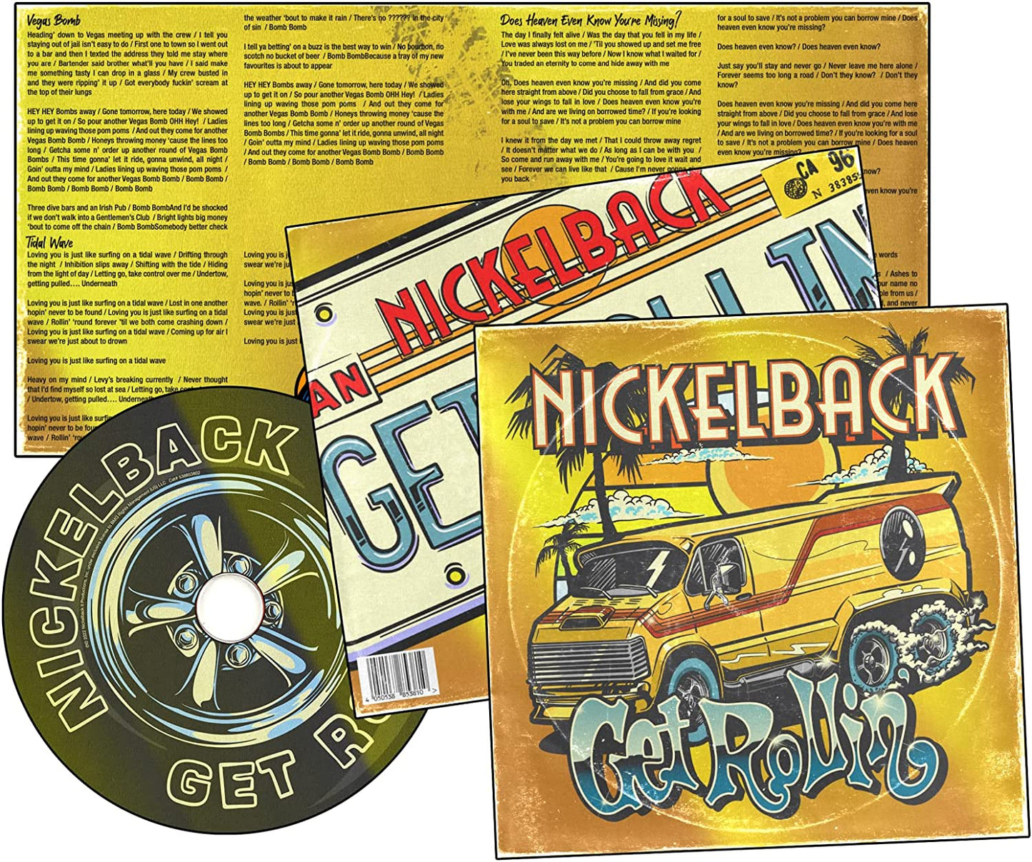 "Nickelback CD with disc and booklet, featuring 'Get Rollin'' artwork with a yellow van."