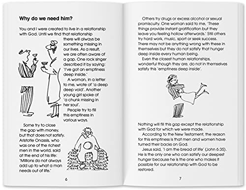 Open book pages with black and white illustrations and text about faith.