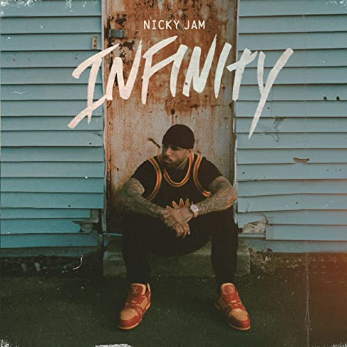 Nicky Jam album cover, "Infinity," featuring the artist squatting before a door.