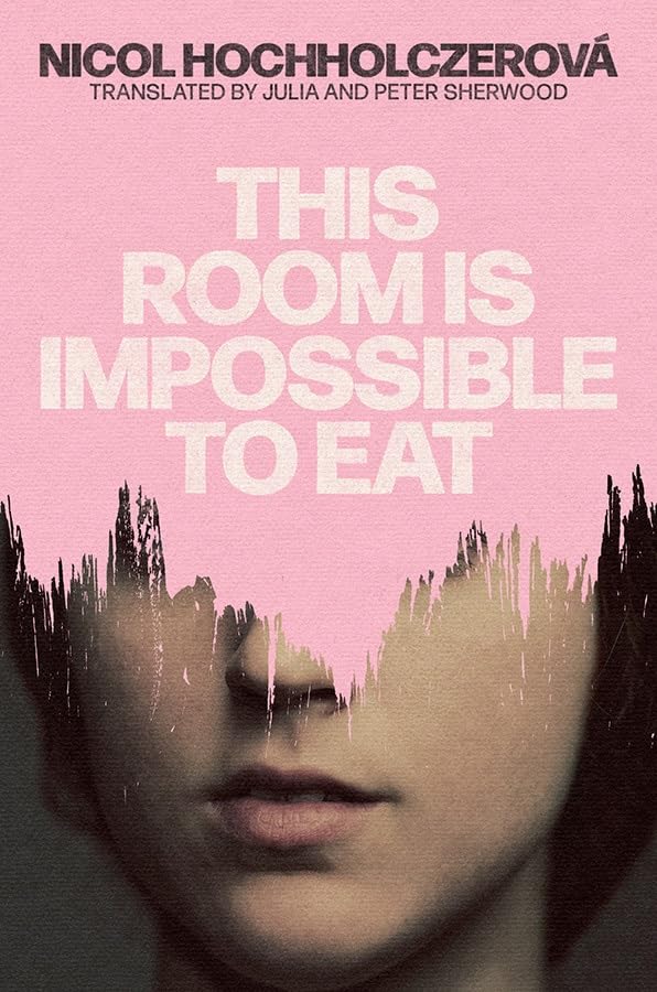 Book cover: pink background, text reading “This Room Is Impossible to Eat,” face silhouette.