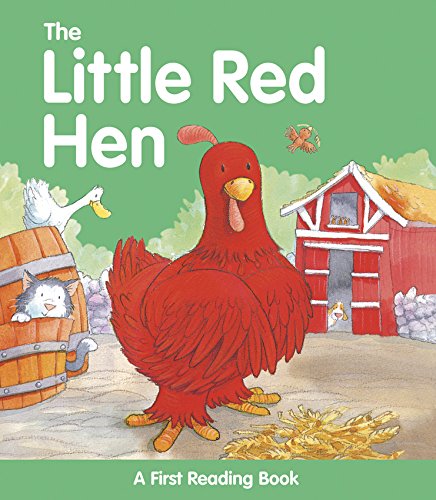 A large children's book with a red hen on the cover, farm animals inside.
