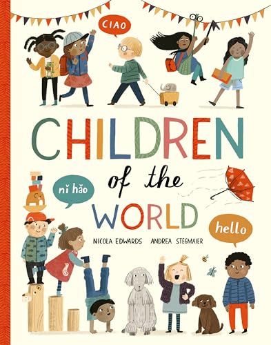 Illustrated book cover showing diverse children, dogs, and speech bubbles with greetings.
