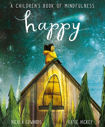 A child in a yellow jacket sits on a roof under a starry sky.