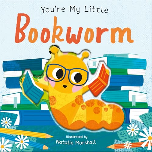 A yellow cartoon worm wearing glasses holds books in front of a stack of books.
