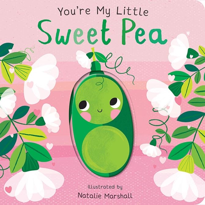 Book cover featuring a cute green pea character on a pink floral background.
