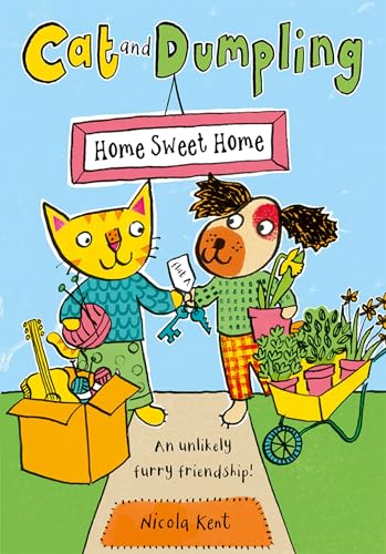 Cartoon cat and dog with moving boxes and plants, book cover.