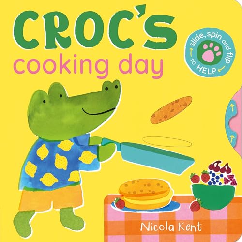 A green crocodile in a lemon-patterned shirt flips a pancake in a yellow kitchen.