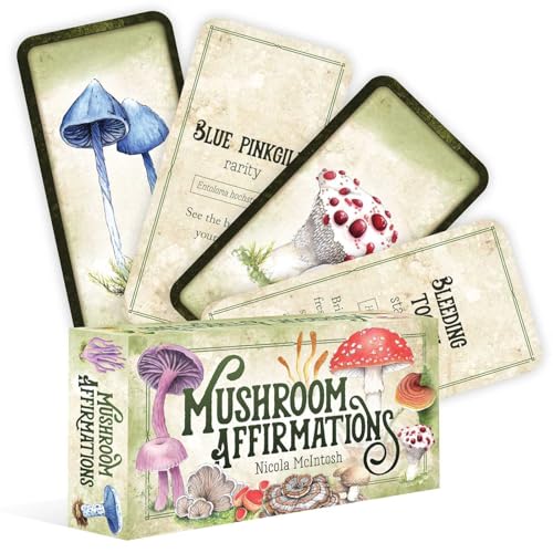 A box of Mushroom Affirmations cards with several cards fanned out behind it.