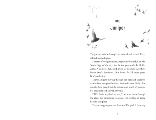 A book page titled One Juniper with text and bird illustrations circling the header.