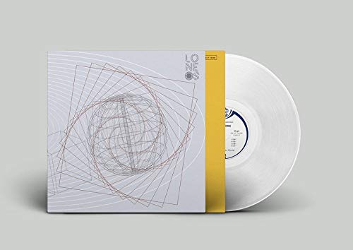 Clear vinyl record with geometric line art album cover, yellow accent.