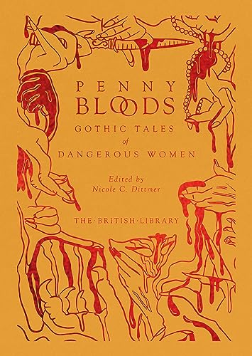 Book cover with red line art of bloody hands and weapons on orange background.