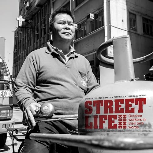 Black and white portrait of a Hong Kong worker with book cover.