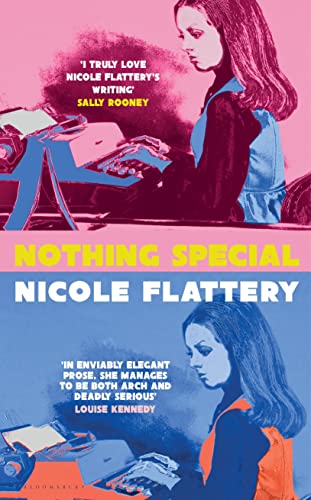 Book cover: woman typing on a vintage typewriter, pink and blue tones.
