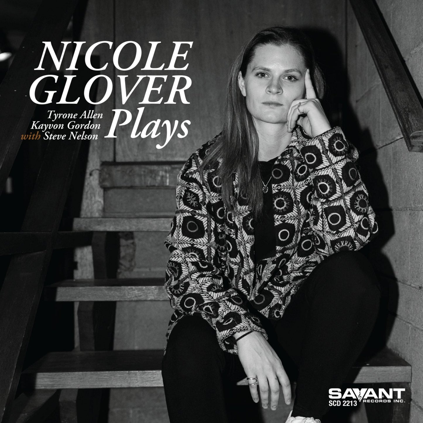 Black and white album cover featuring Nicole Glover sitting on stairs.