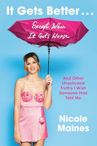 Book cover with a woman holding a pink umbrella against a blue background.