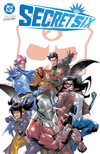 Comic book cover featuring six costumed characters in dynamic poses.