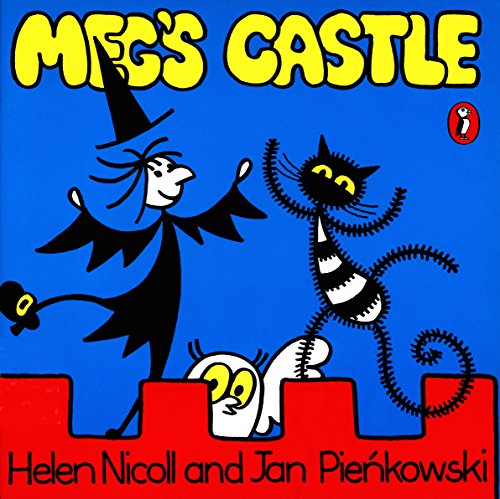 Blue cover with a witch, black cat, and a yellow castle turret.